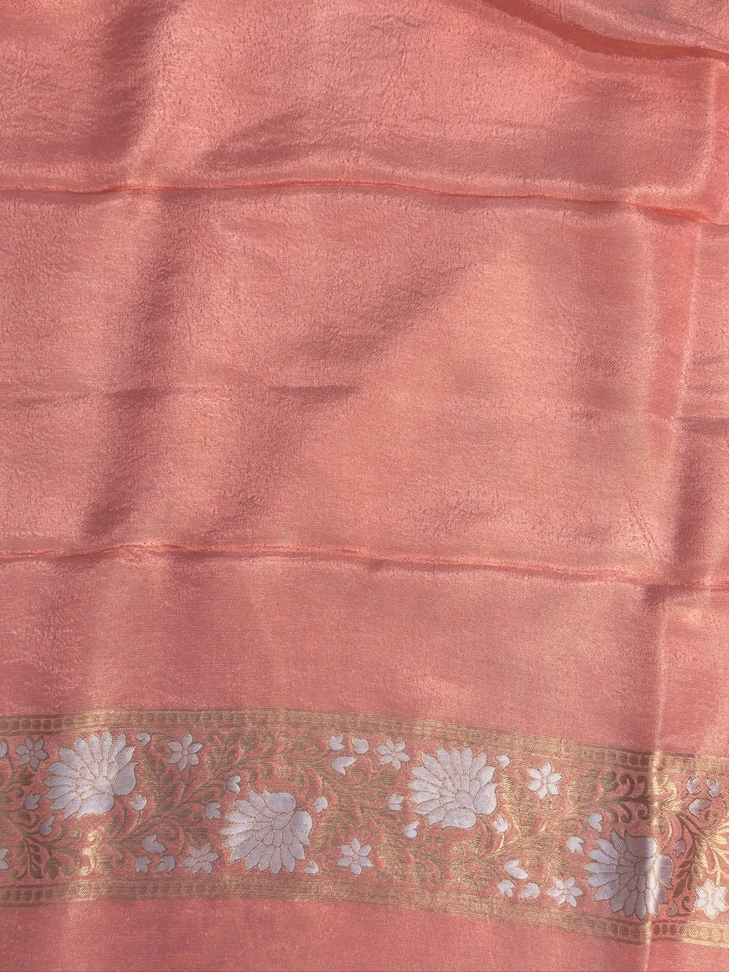UTSAV BANARAS 429: Blush Peach Tissue Silk Saree with Gold &amp; Silver Zari Floral Vine Weaving