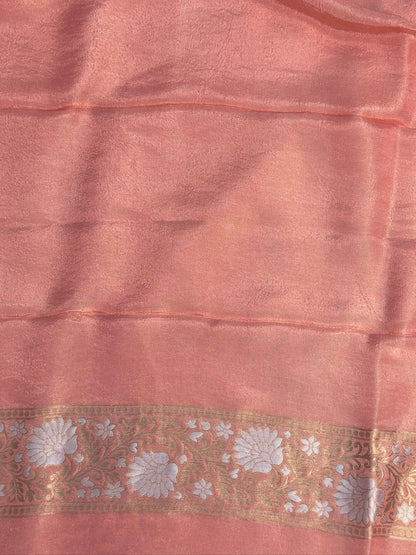 UTSAV BANARAS 429: Blush Peach Tissue Silk Saree with Gold &amp; Silver Zari Floral Vine Weaving