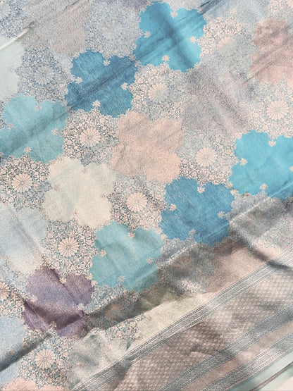VIRASAT 449: Pure Handloom Kimkhwab Rangkat Silk Saree Soothing Blue | Banarasi Masterpiece