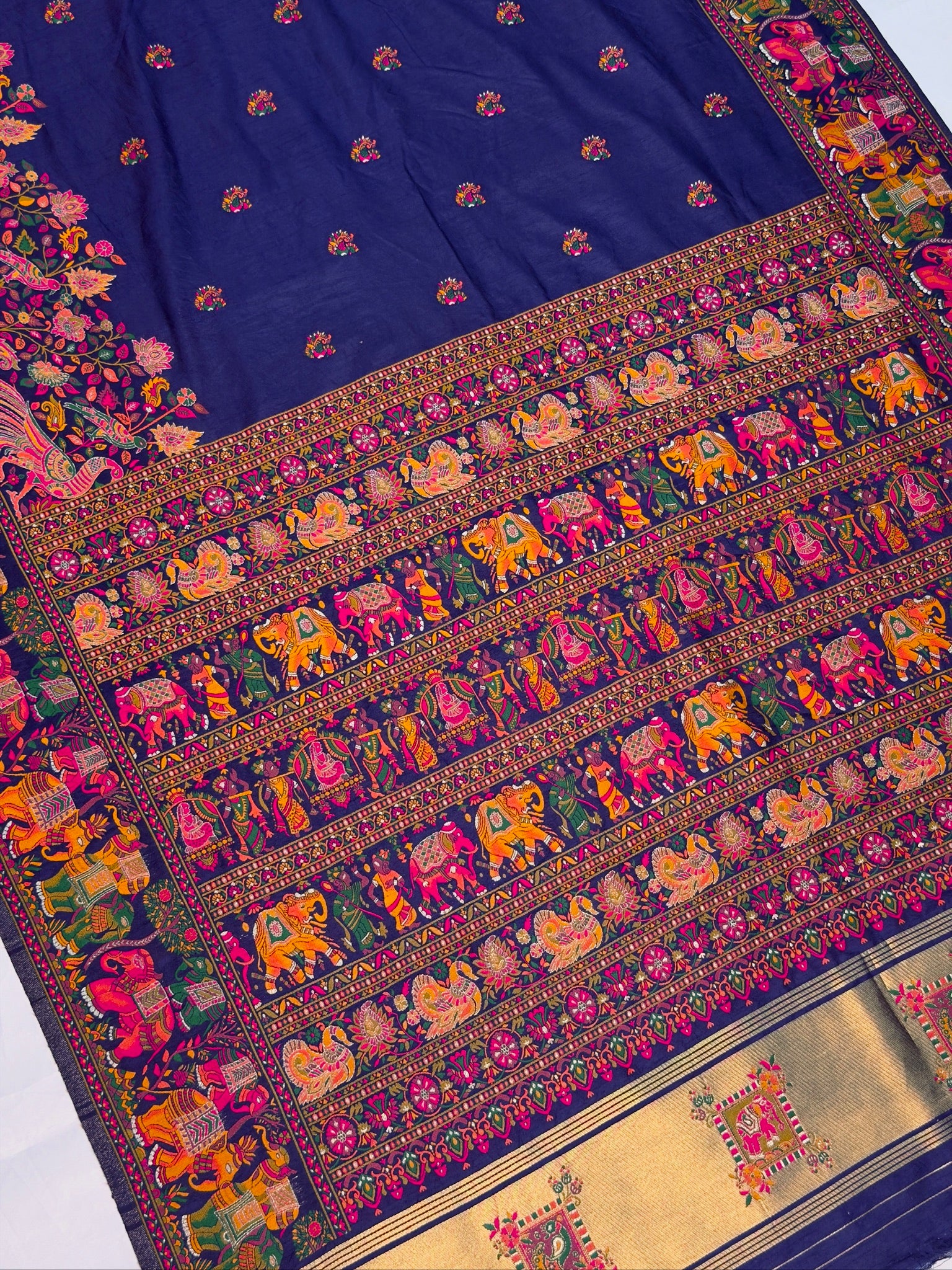 UTSAV BANARAS 445: Royal Navy Pashmina silk saree with Heritage Meenakari Weaving &amp; Grand Elephant Border