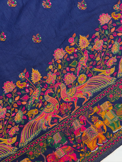 UTSAV BANARAS 445: Royal Navy Pashmina silk saree with Heritage Meenakari Weaving &amp; Grand Elephant Border