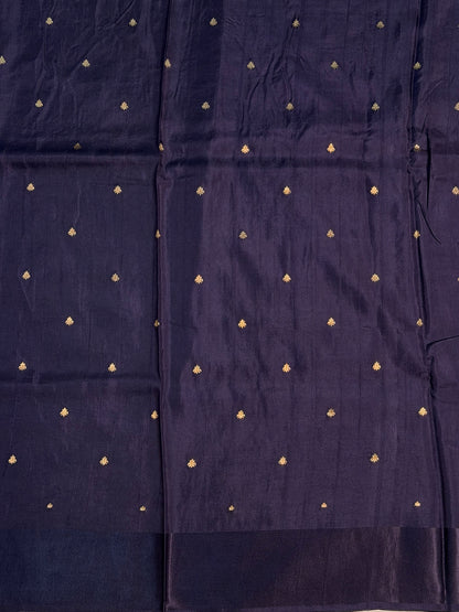 UTSAV BANARAS 434: Royal Midnight Blue Mulberry Silk Saree with Gold Zari Banarasi Border &amp; Meenakari Floral Butis