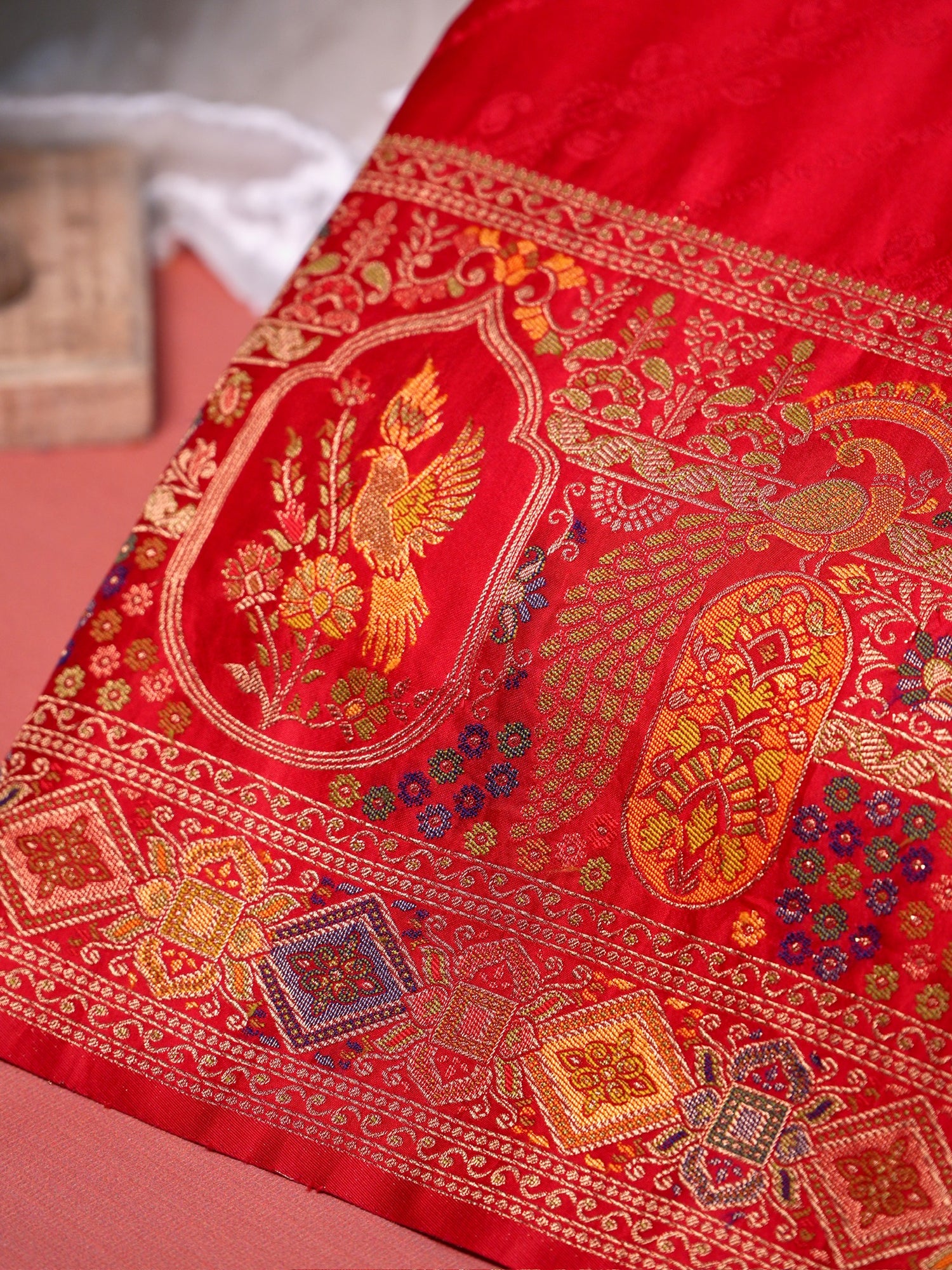UTSAV BANARAS 417: Sunhara Red Satin Tanchoi Silk Saree with Meenakari Floral Peacock Border