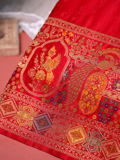 UTSAV BANARAS 417: Sunhara Red Satin Tanchoi Silk Saree with Meenakari Floral Peacock Border