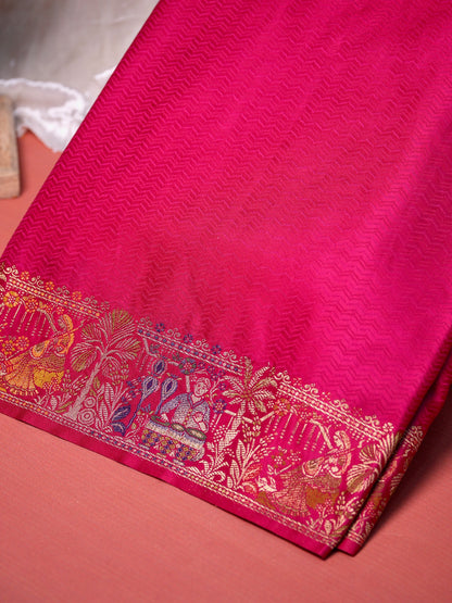 UTSAV BANARAS 416: Hot Pink Satin Tanchoi Silk Saree with Meenakari Floral Border &amp; Rich Banarasi Weaving