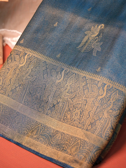 UTSAV BANARAS 441: Royal Peacock Blue Mashru Silk Saree with Antique Gold Zari Woven Border