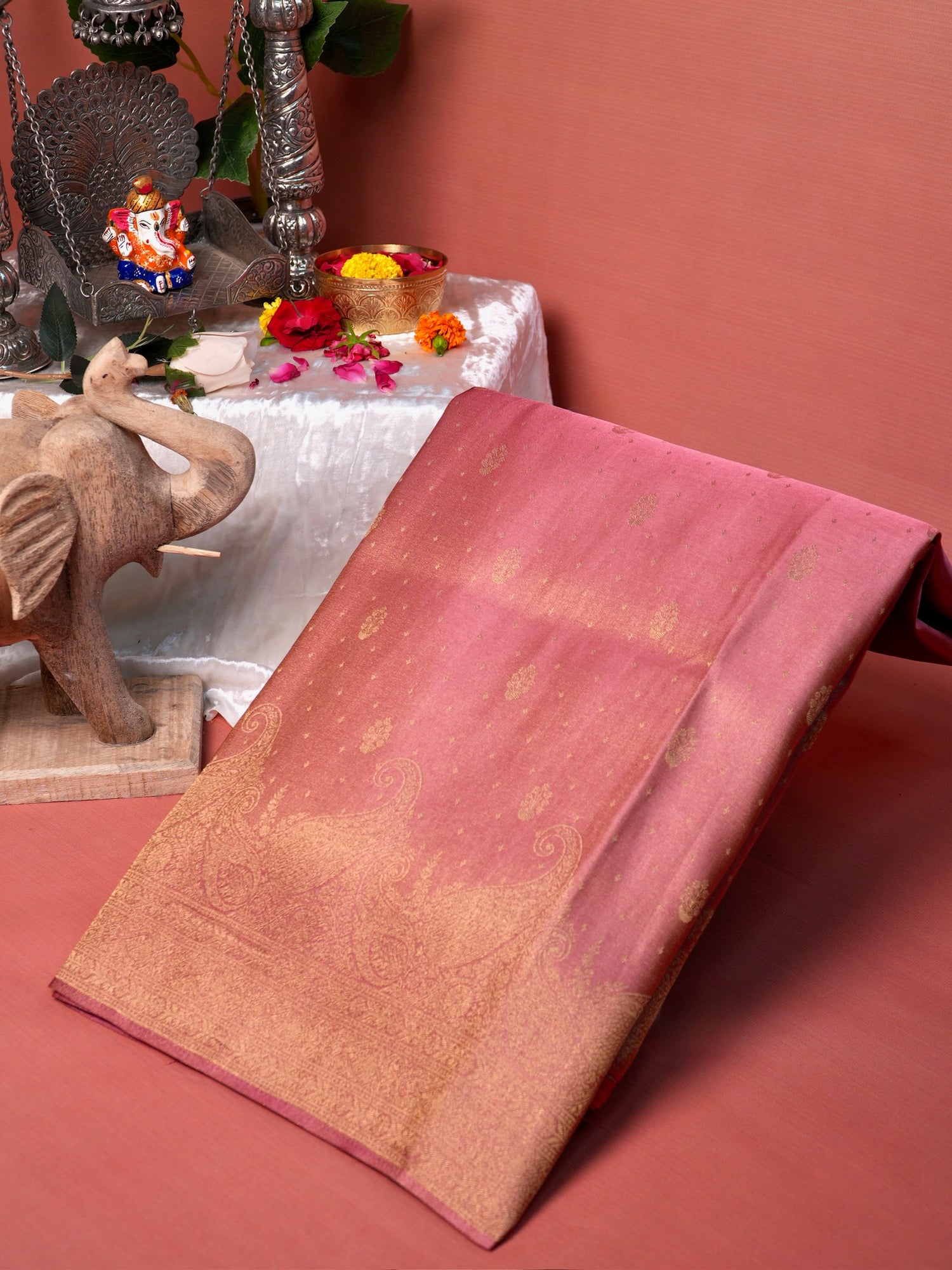UTSAV BANARAS 439:  Elegant Rose Pink Soft Tissue Silk Saree with Gold Zari Paisley Border