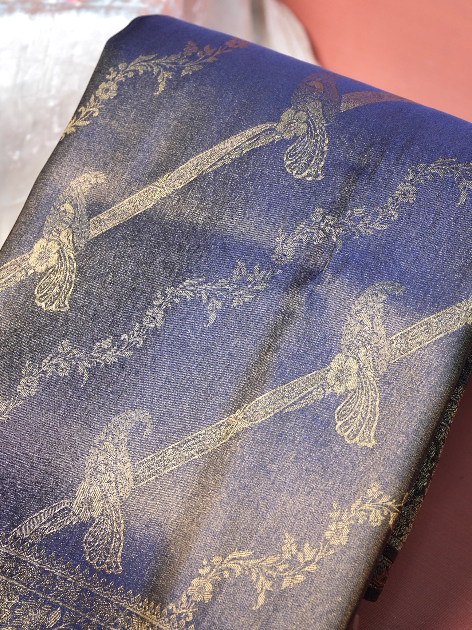 UTSAV BANARAS 440: Royal Navy Blue Mashru Silk Saree with Antique Gold Parrot Motifs &amp; Floral Zari Border
