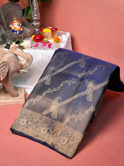 UTSAV BANARAS 440: Royal Navy Blue Mashru Silk Saree with Antique Gold Parrot Motifs &amp; Floral Zari Border