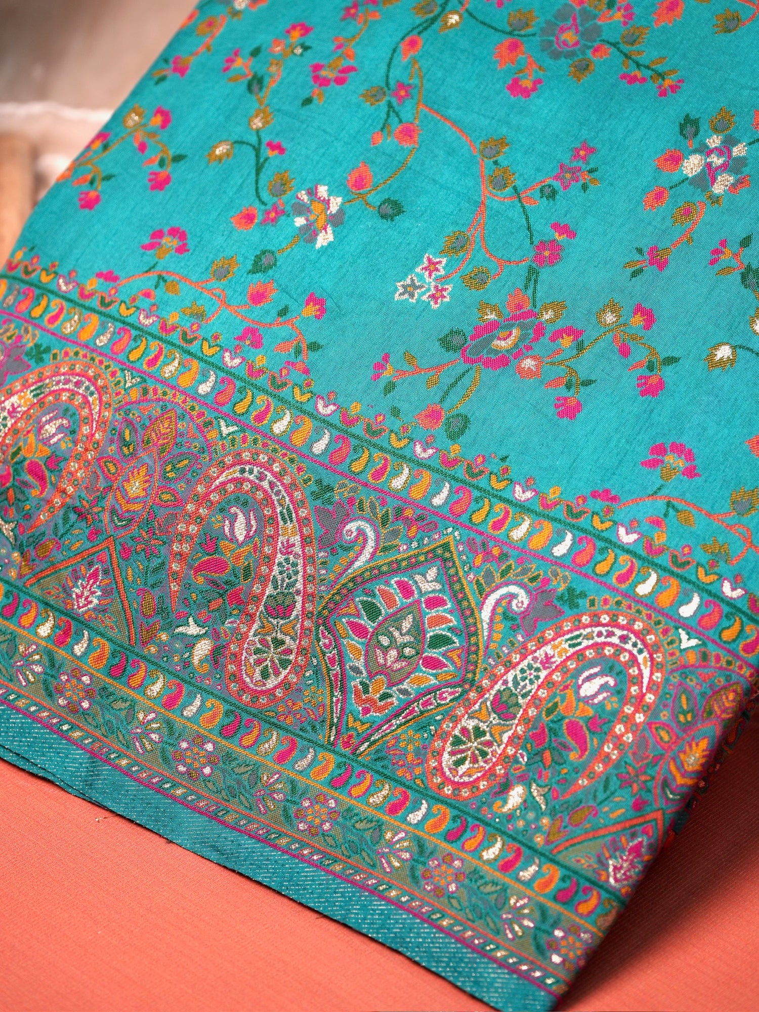 UTSAV BANARAS 446: Premium Pashmina silk saree Meenakari Resham Weaving Saree Turquoise Blue Floral Banarasi Elegance