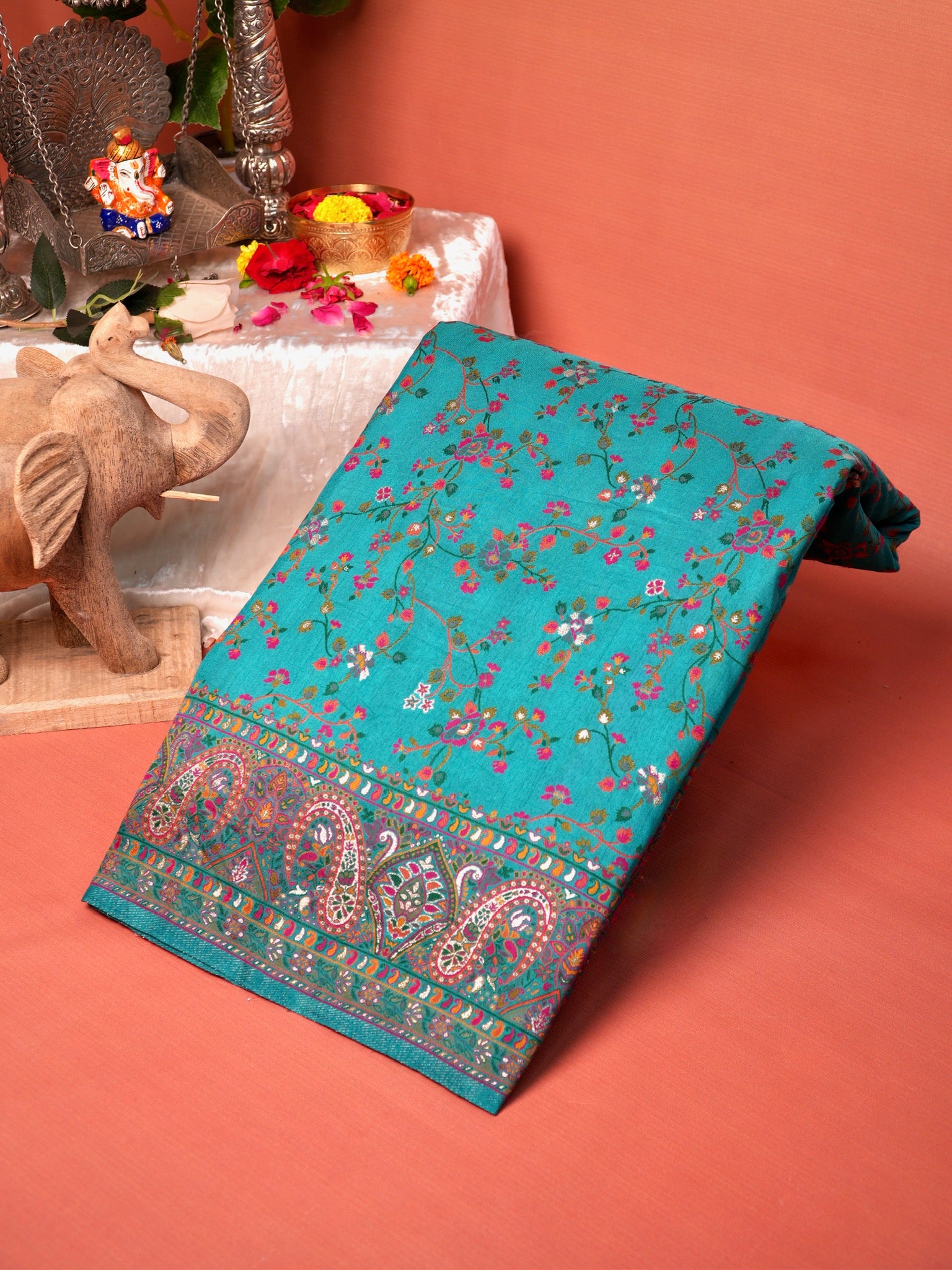 UTSAV BANARAS 446: Premium Pashmina silk saree Meenakari Resham Weaving Saree Turquoise Blue Floral Banarasi Elegance