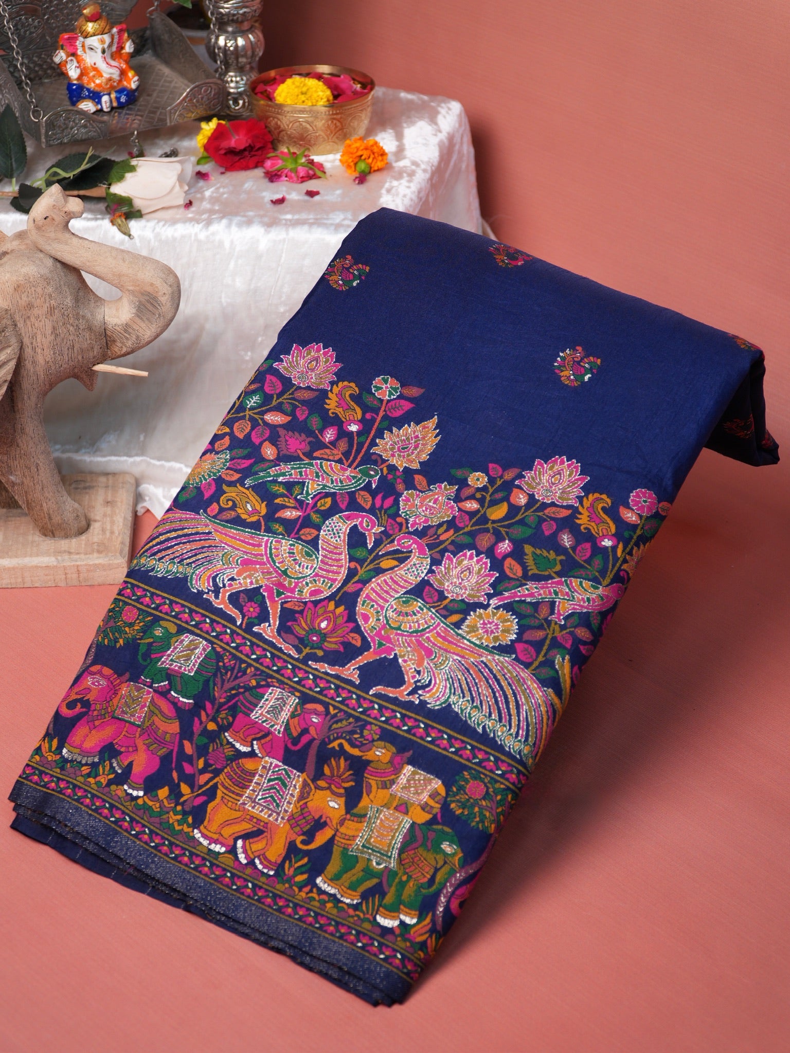 UTSAV BANARAS 445: Royal Navy Pashmina silk saree with Heritage Meenakari Weaving &amp; Grand Elephant Border
