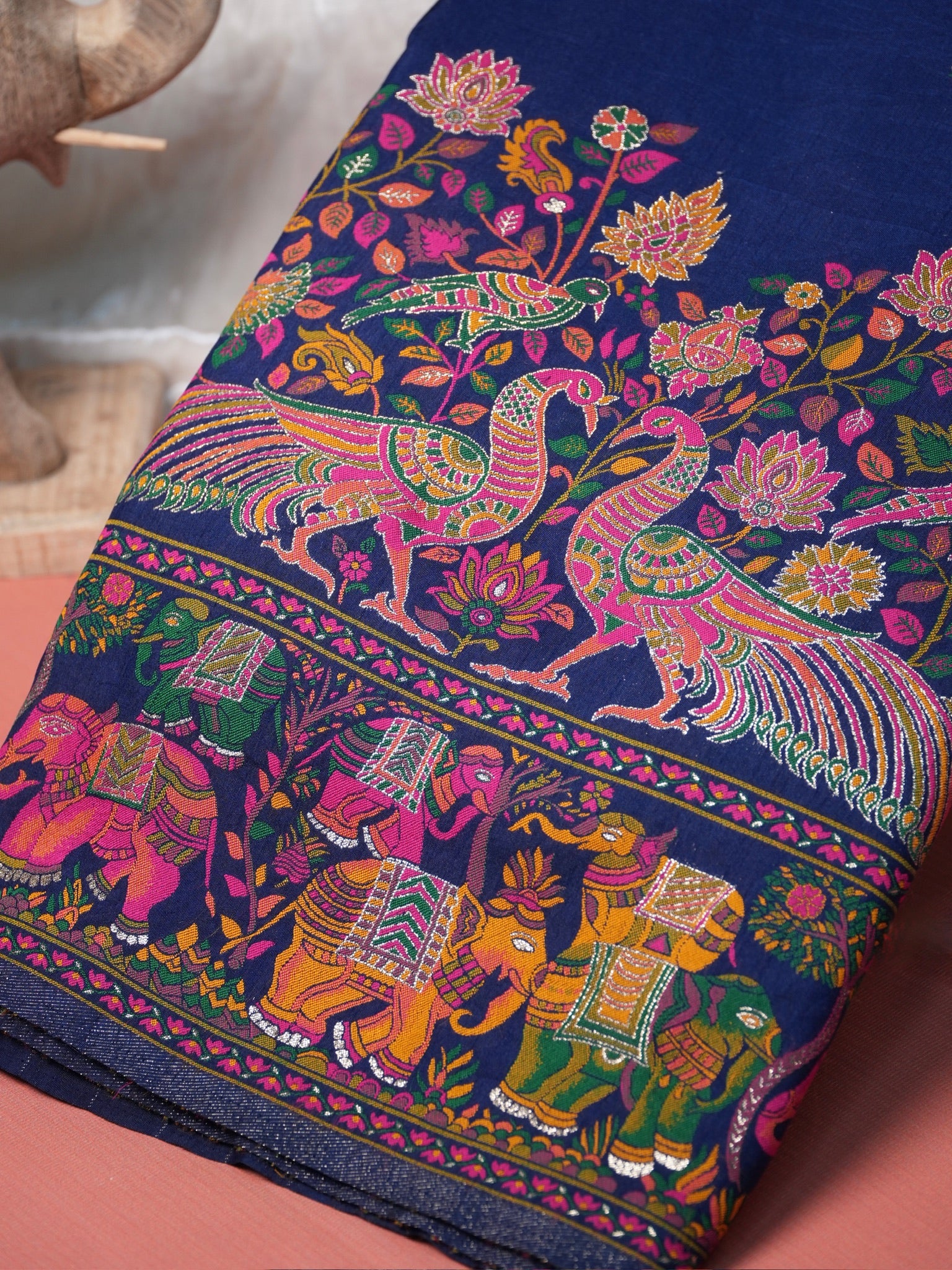 UTSAV BANARAS 445: Royal Navy Pashmina silk saree with Heritage Meenakari Weaving &amp; Grand Elephant Border