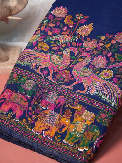 UTSAV BANARAS 445: Royal Navy Pashmina silk saree with Heritage Meenakari Weaving &amp; Grand Elephant Border