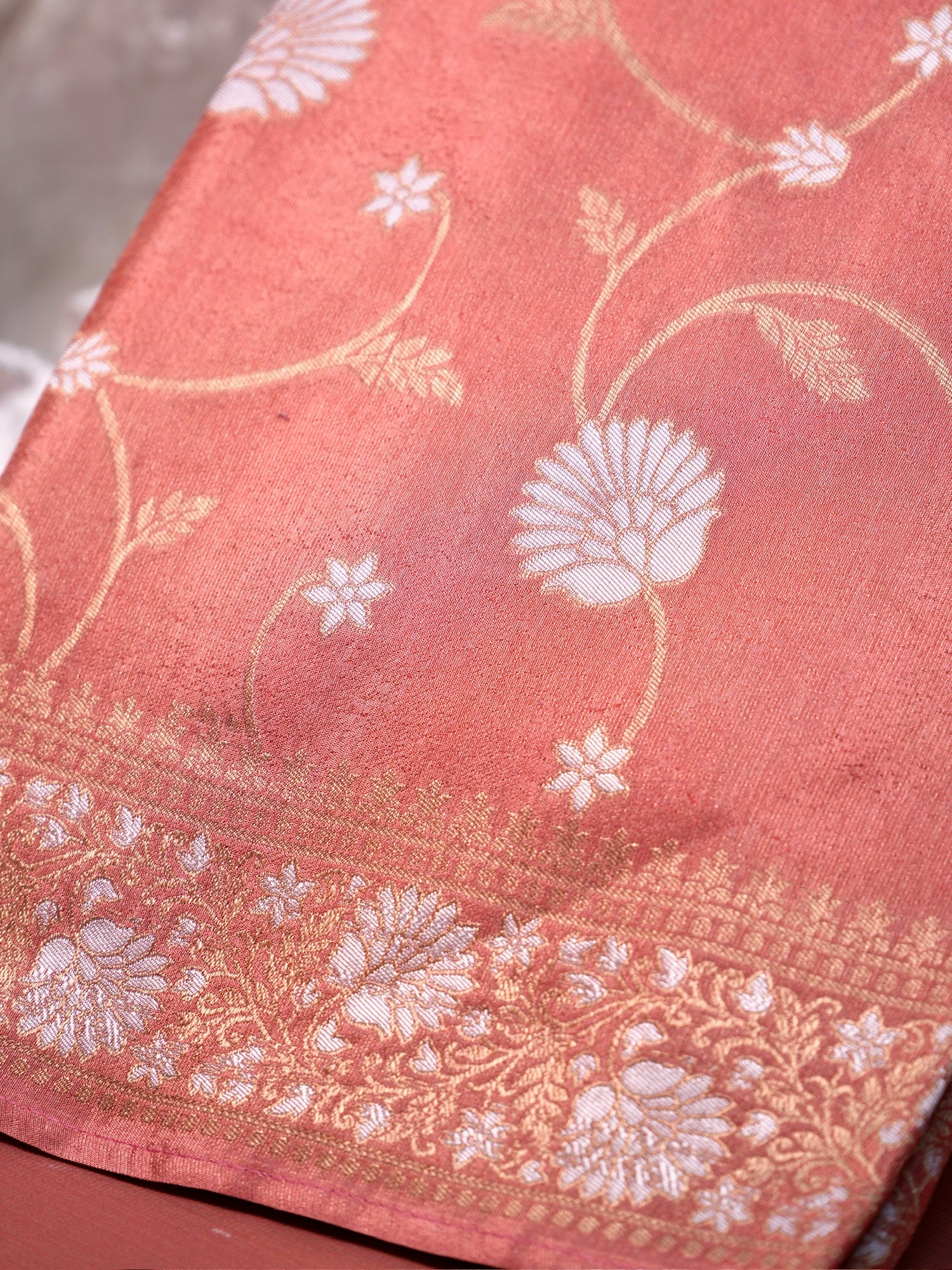 UTSAV BANARAS 429: Blush Peach Tissue Silk Saree with Gold &amp; Silver Zari Floral Vine Weaving