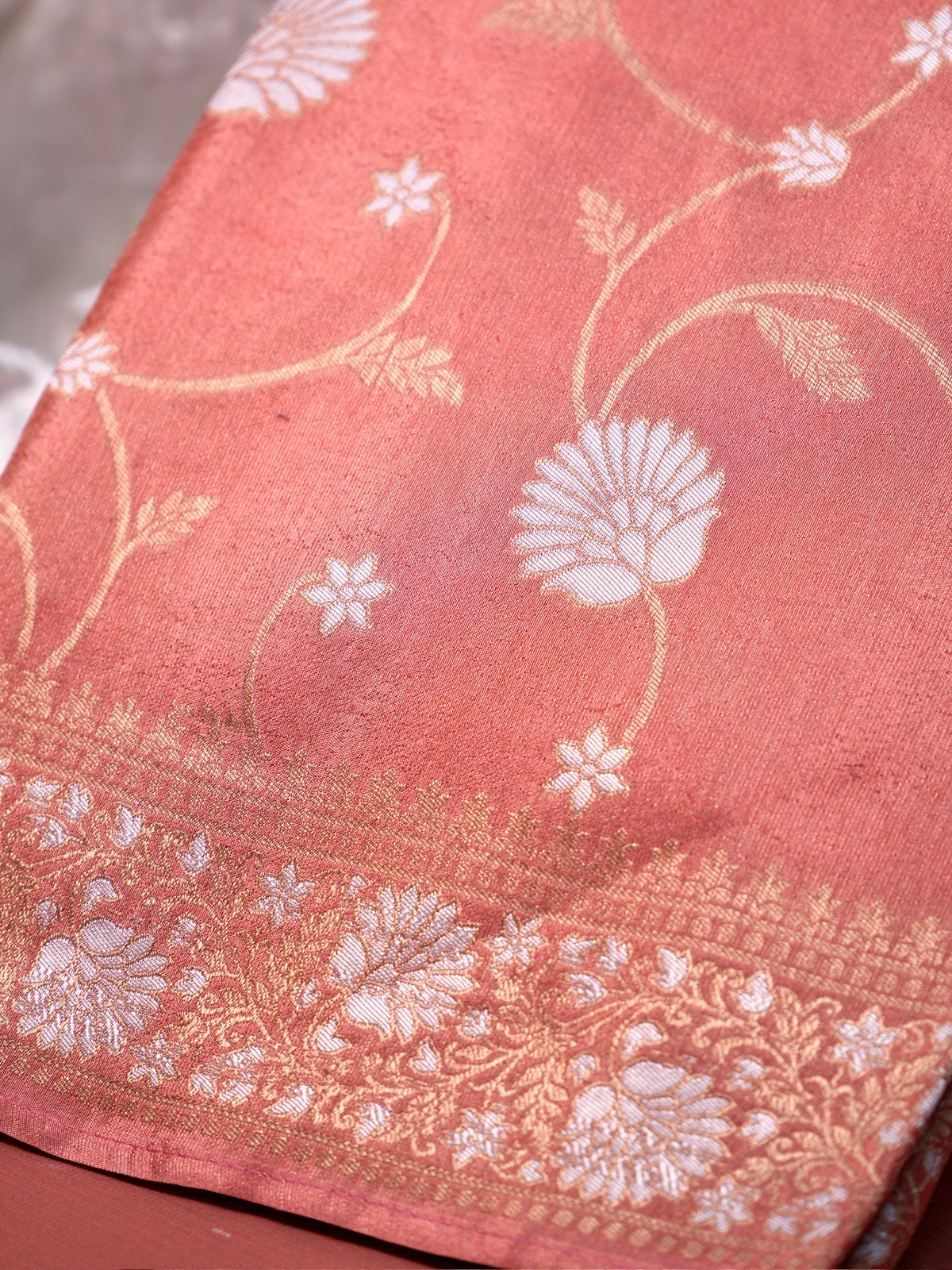UTSAV BANARAS 429: Blush Peach Tissue Silk Saree with Gold &amp; Silver Zari Floral Vine Weaving