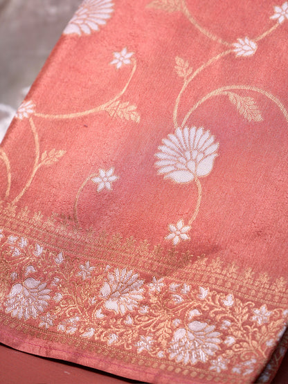 UTSAV BANARAS 429: Blush Peach Tissue Silk Saree with Gold &amp; Silver Zari Floral Vine Weaving