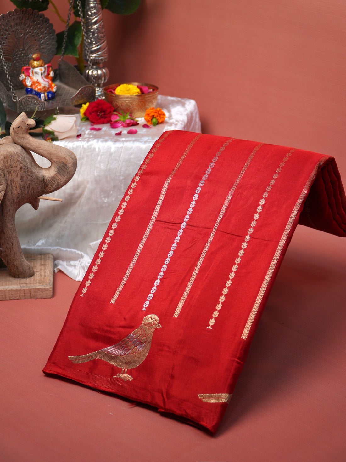 Waah Banaras 157A: Crimson Red Mashru Silk Saree with Sona Rupa Zari Stripes &amp; Key Feather Bird Motifs