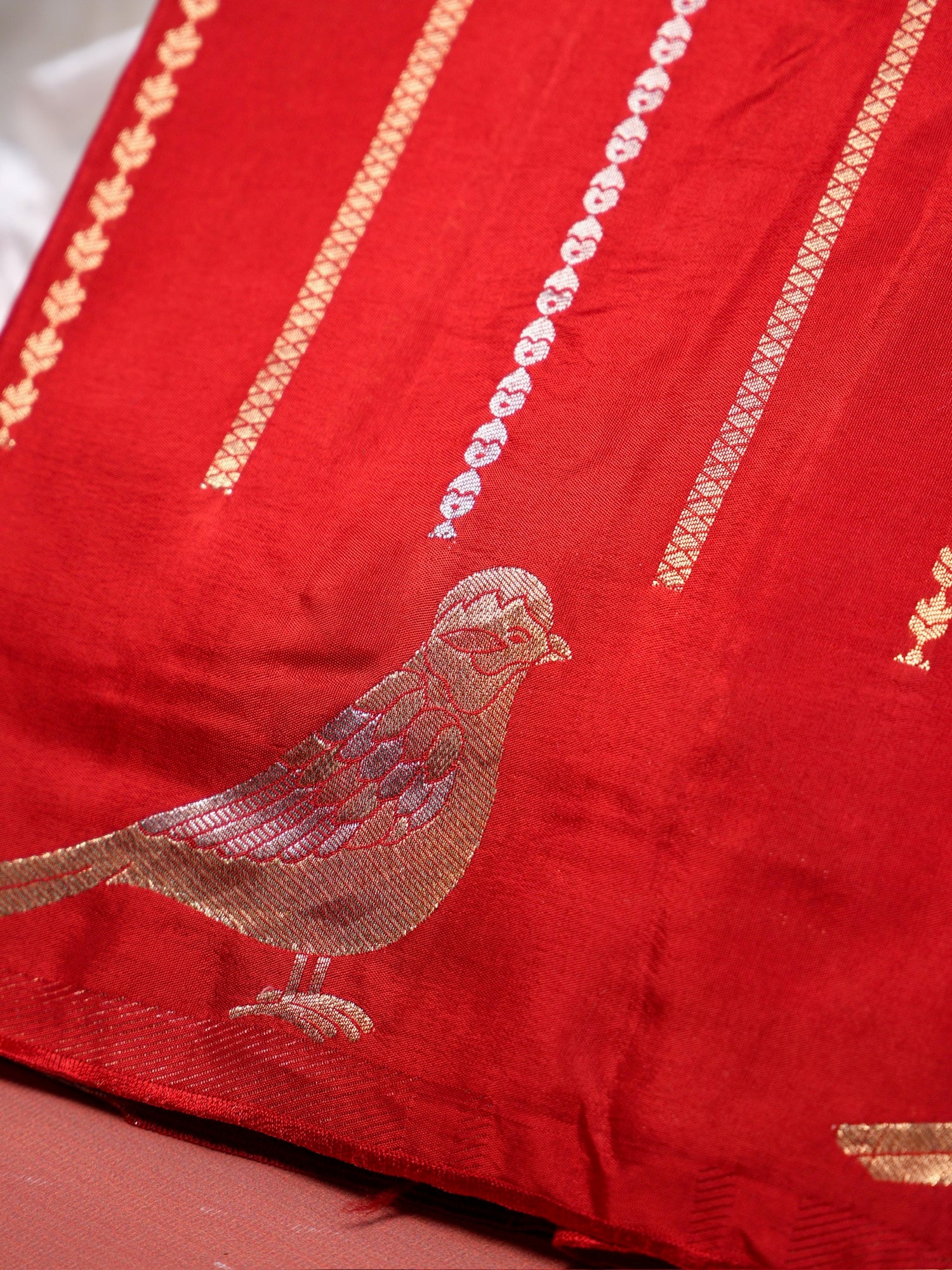 UTSAV BANARAS 430: Crimson Red Mulberry Silk Saree with Gold Zari Bird Motif &amp; Striped Weaving