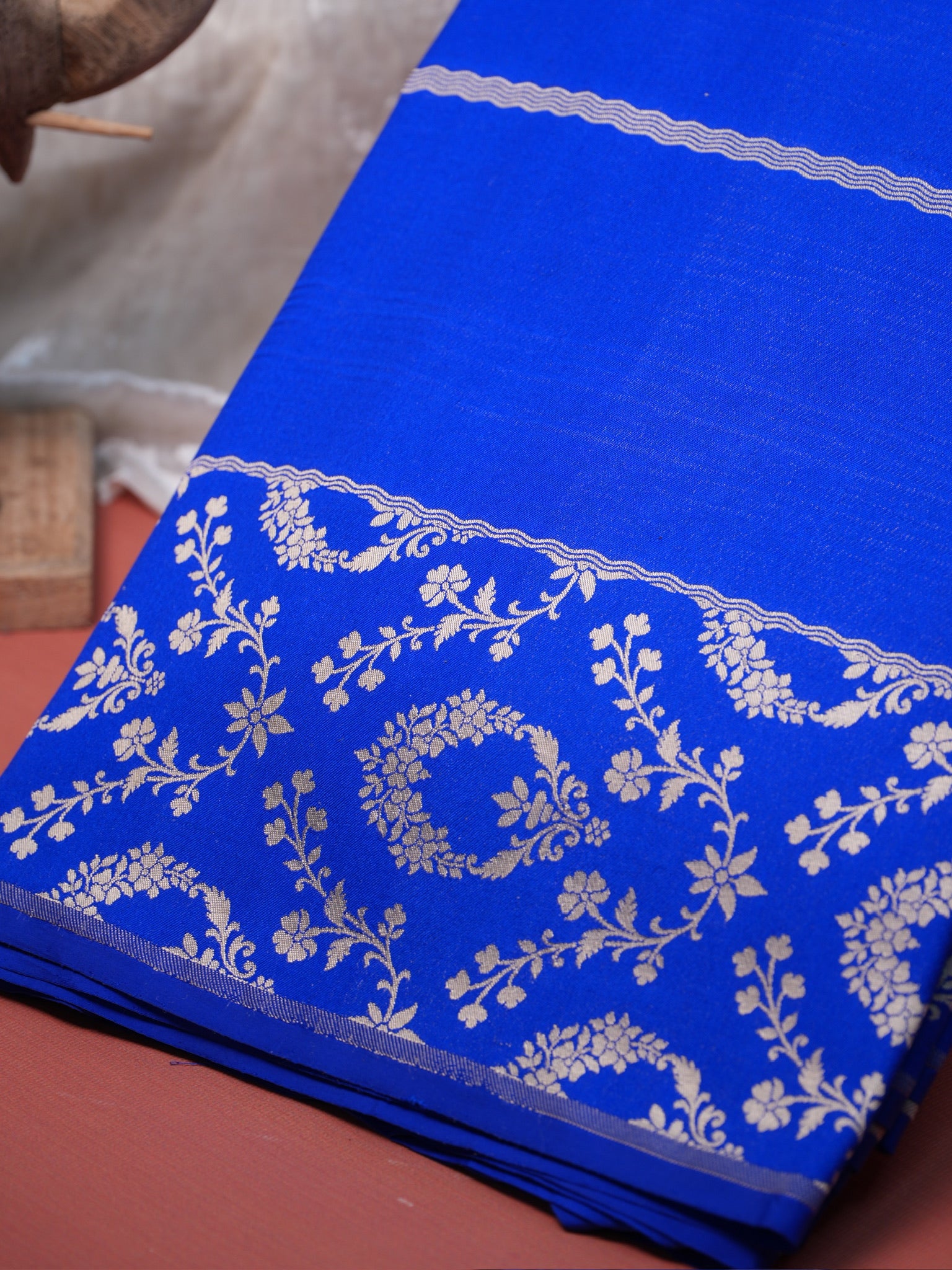 VIRASAT 447: Pure Handloom Tanchoi Silk Saree Royal Blue &amp; Silver Reversible | Silk Mark Certified | Dual Side Elegance