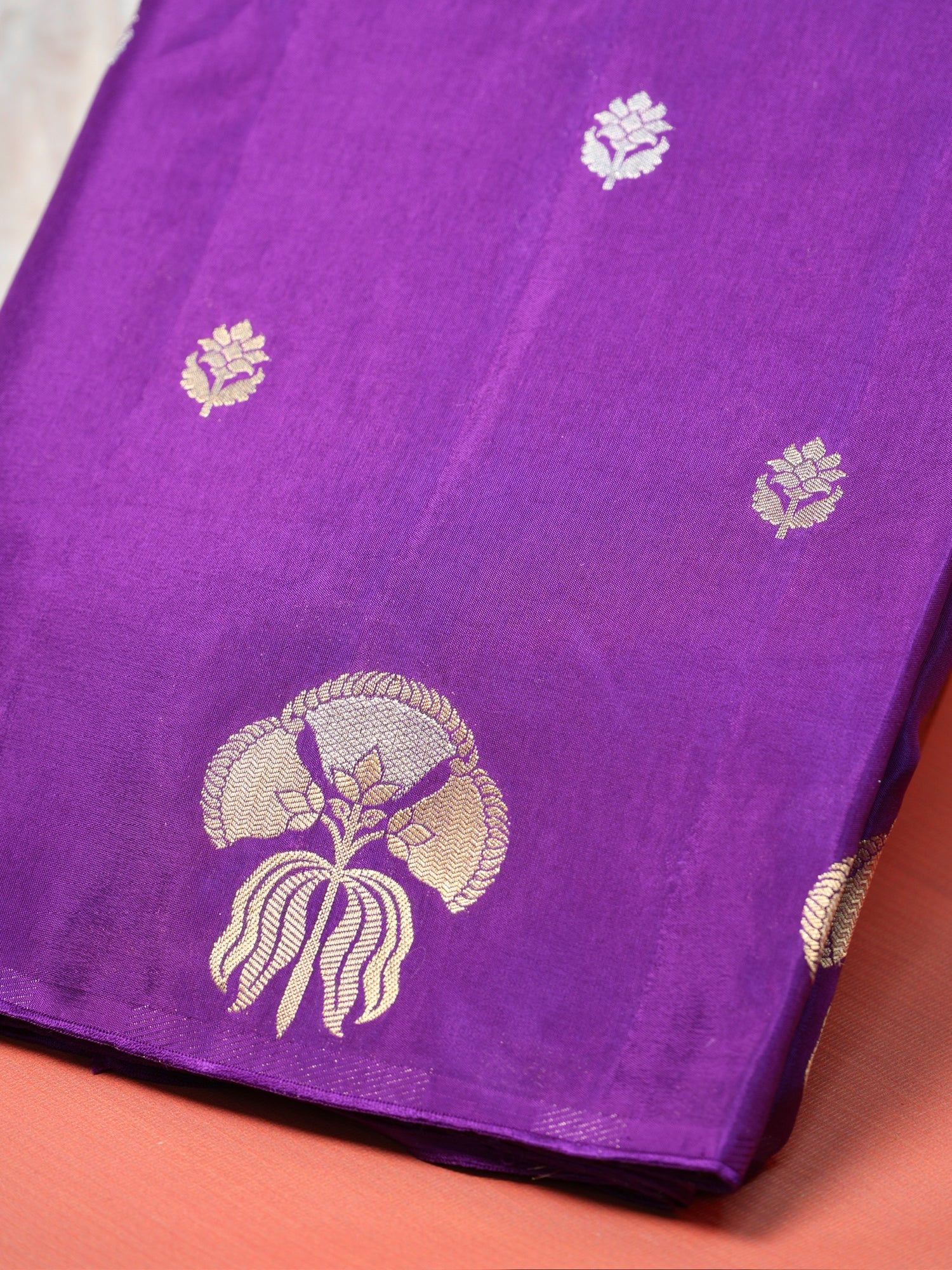 UTSAV BANARAS 432: Royal Purple Mulberry Silk Saree with Gold Zari Floral Butis &amp; Peacock Motifs