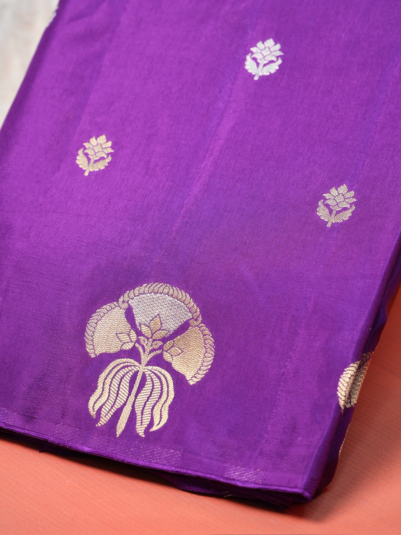 UTSAV BANARAS 432: Royal Purple Mulberry Silk Saree with Gold Zari Floral Butis &amp; Peacock Motifs