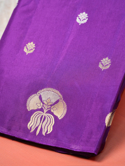 UTSAV BANARAS 432: Royal Purple Mulberry Silk Saree with Gold Zari Floral Butis &amp; Peacock Motifs