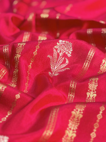 UTSAV BANARAS 433: Royal Rani Pink Mulberry Silk Saree with Gold &amp; Silver Zari Floral Stripes and Banarasi Border