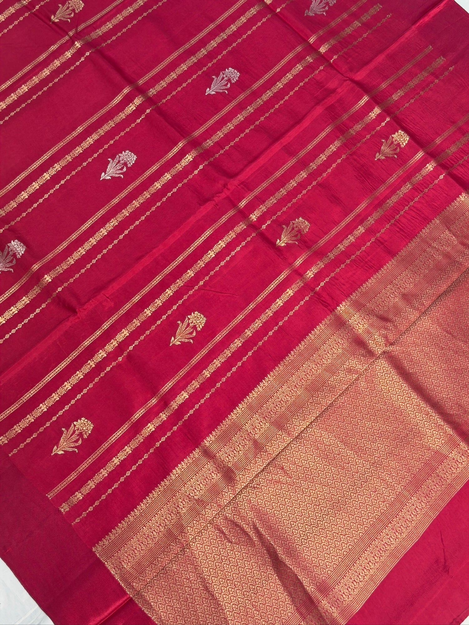 UTSAV BANARAS 433: Royal Rani Pink Mulberry Silk Saree with Gold &amp; Silver Zari Floral Stripes and Banarasi Border