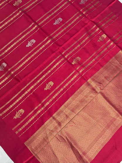 UTSAV BANARAS 433: Royal Rani Pink Mulberry Silk Saree with Gold &amp; Silver Zari Floral Stripes and Banarasi Border