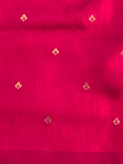 UTSAV BANARAS 433: Royal Rani Pink Mulberry Silk Saree with Gold &amp; Silver Zari Floral Stripes and Banarasi Border