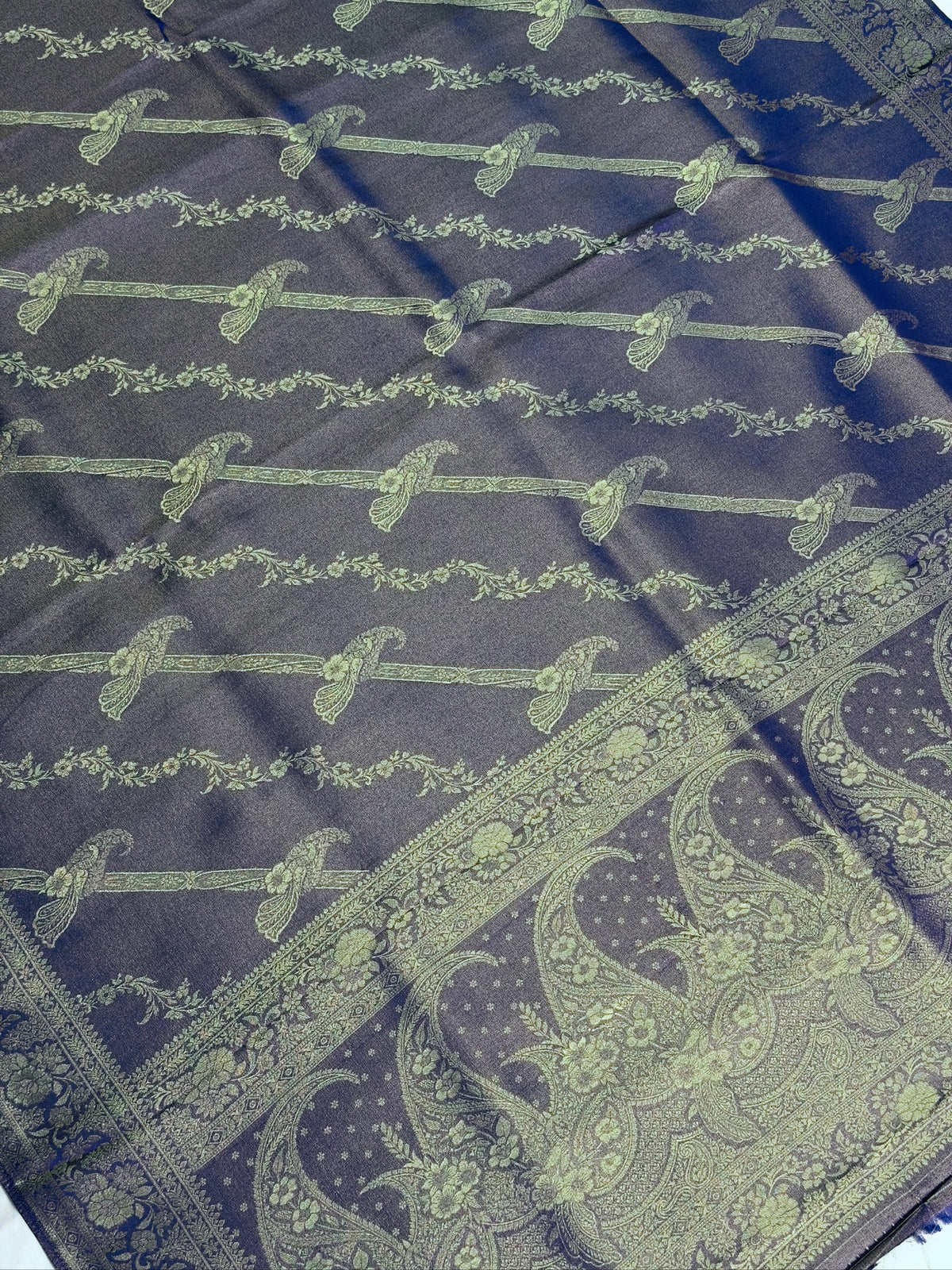 UTSAV BANARAS 440: Royal Navy Blue Mashru Silk Saree with Antique Gold Parrot Motifs &amp; Floral Zari Border