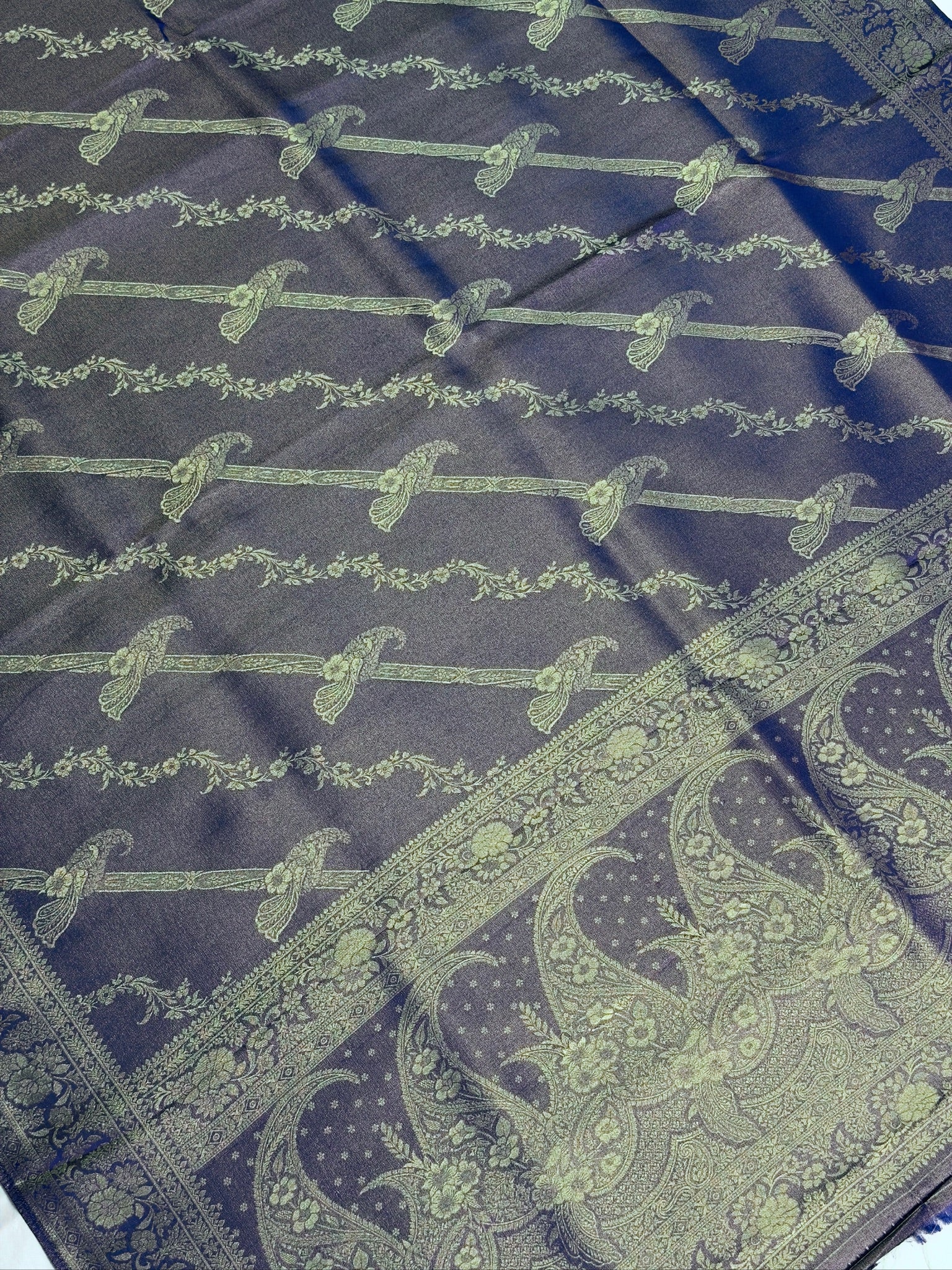 UTSAV BANARAS 440: Royal Navy Blue Mashru Silk Saree with Antique Gold Parrot Motifs &amp; Floral Zari Border