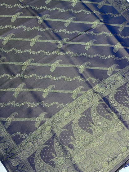 UTSAV BANARAS 440: Royal Navy Blue Mashru Silk Saree with Antique Gold Parrot Motifs &amp; Floral Zari Border