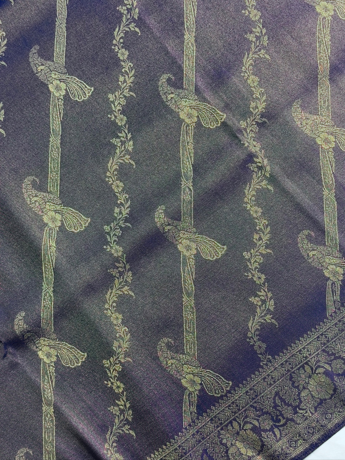 UTSAV BANARAS 440: Royal Navy Blue Mashru Silk Saree with Antique Gold Parrot Motifs &amp; Floral Zari Border