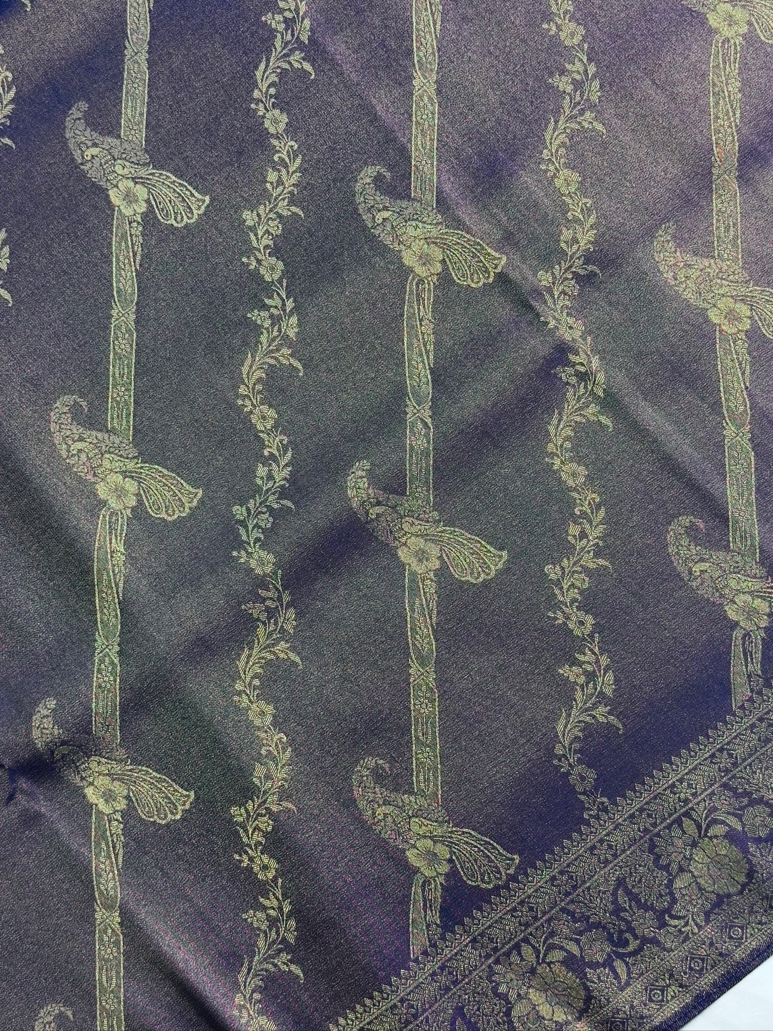 UTSAV BANARAS 440: Royal Navy Blue Mashru Silk Saree with Antique Gold Parrot Motifs &amp; Floral Zari Border