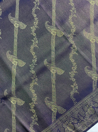 UTSAV BANARAS 440: Royal Navy Blue Mashru Silk Saree with Antique Gold Parrot Motifs &amp; Floral Zari Border