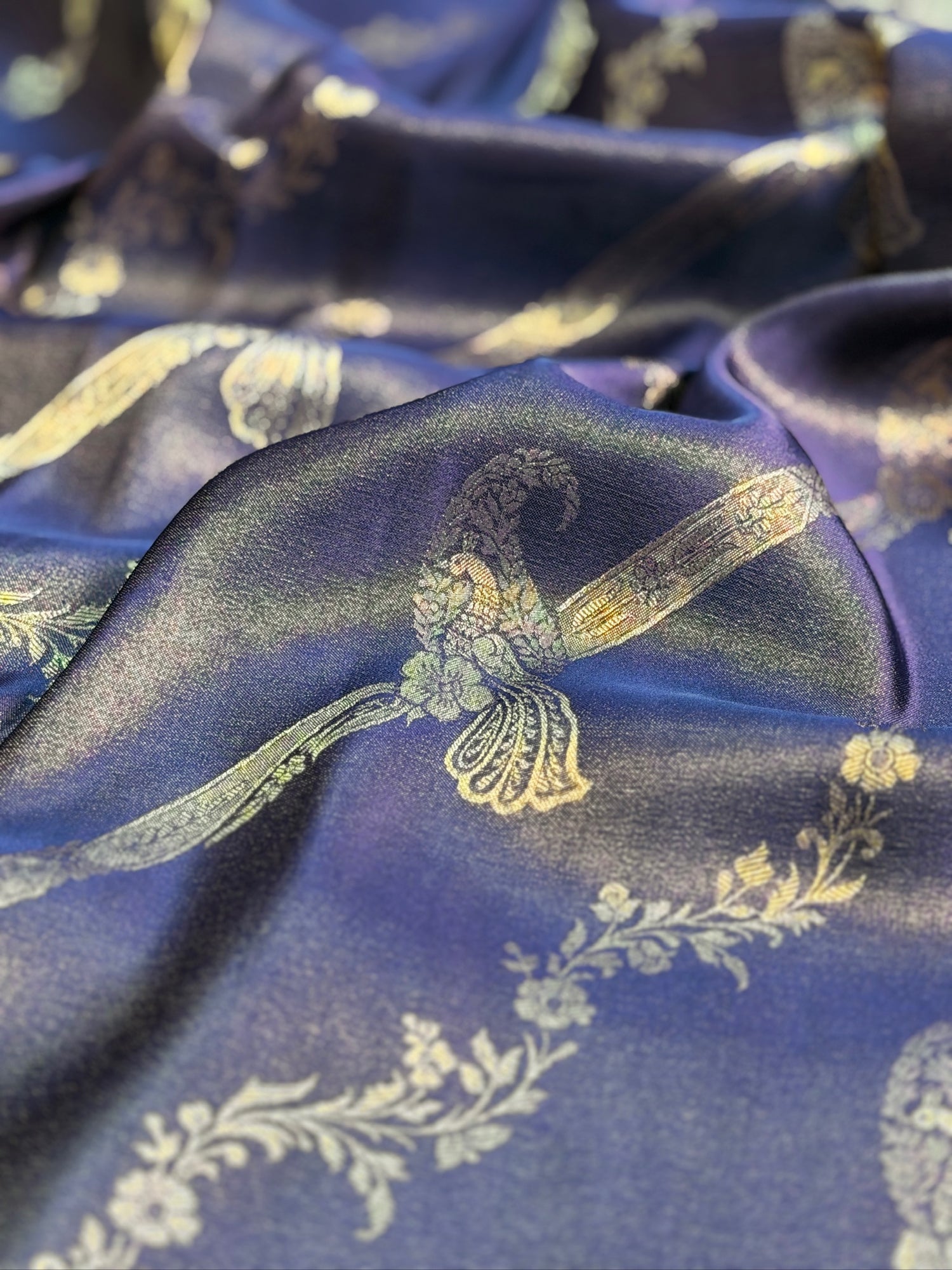 UTSAV BANARAS 440: Royal Navy Blue Mashru Silk Saree with Antique Gold Parrot Motifs &amp; Floral Zari Border