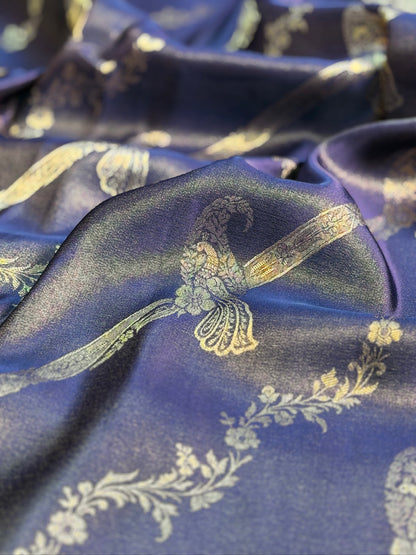 UTSAV BANARAS 440: Royal Navy Blue Mashru Silk Saree with Antique Gold Parrot Motifs &amp; Floral Zari Border