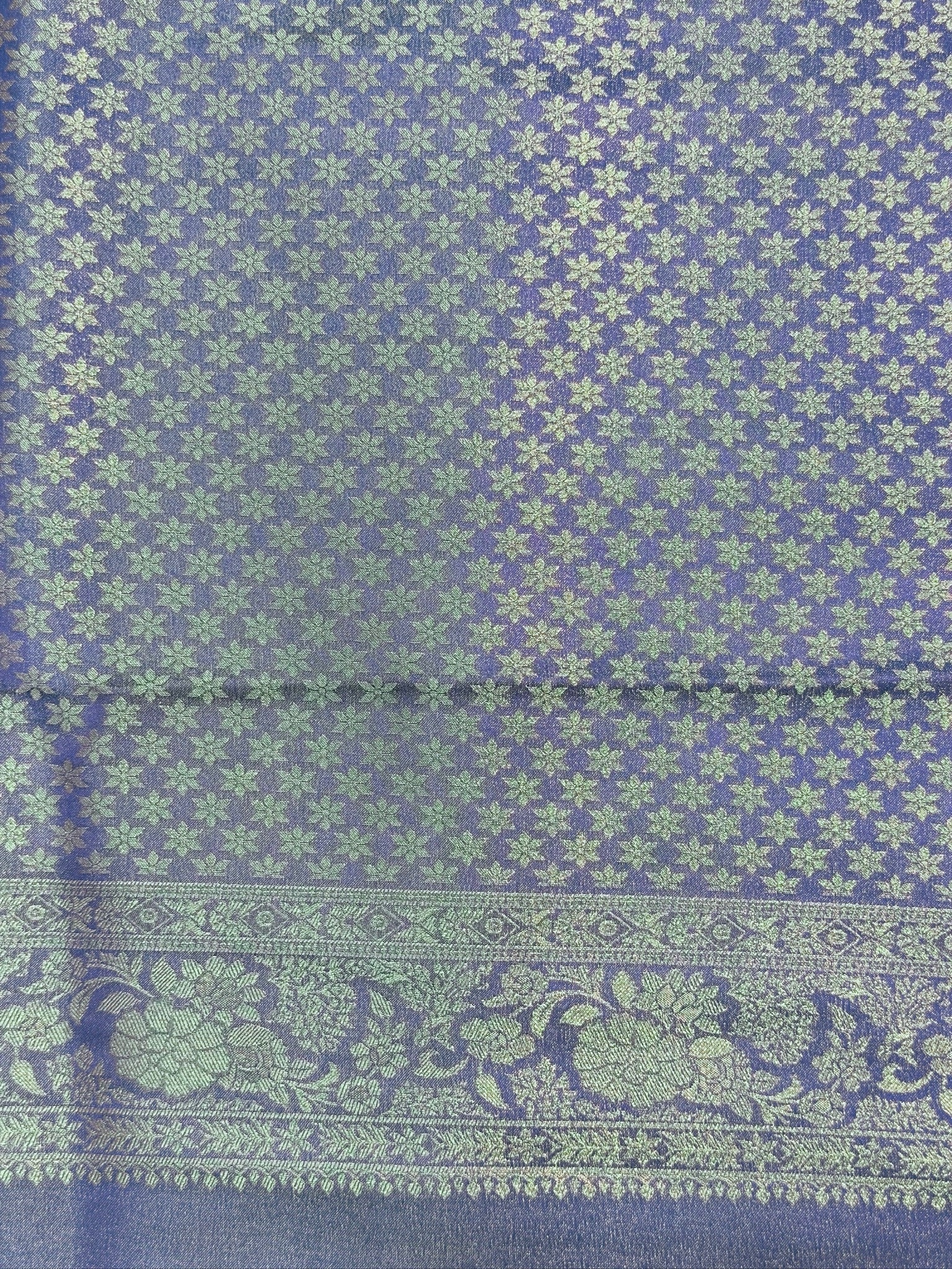 UTSAV BANARAS 440: Royal Navy Blue Mashru Silk Saree with Antique Gold Parrot Motifs &amp; Floral Zari Border