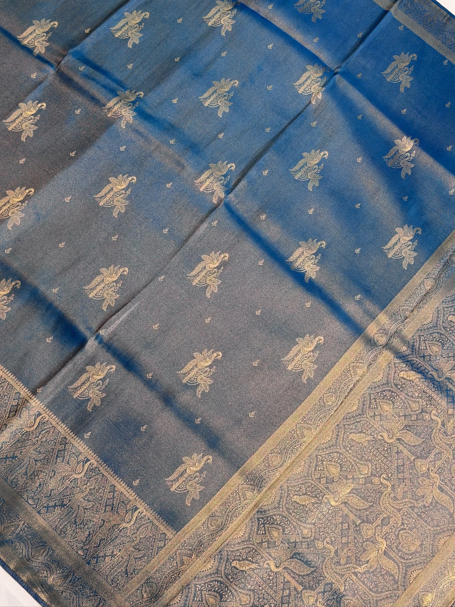 UTSAV BANARAS 441: Royal Peacock Blue Mashru Silk Saree with Antique Gold Zari Woven Border