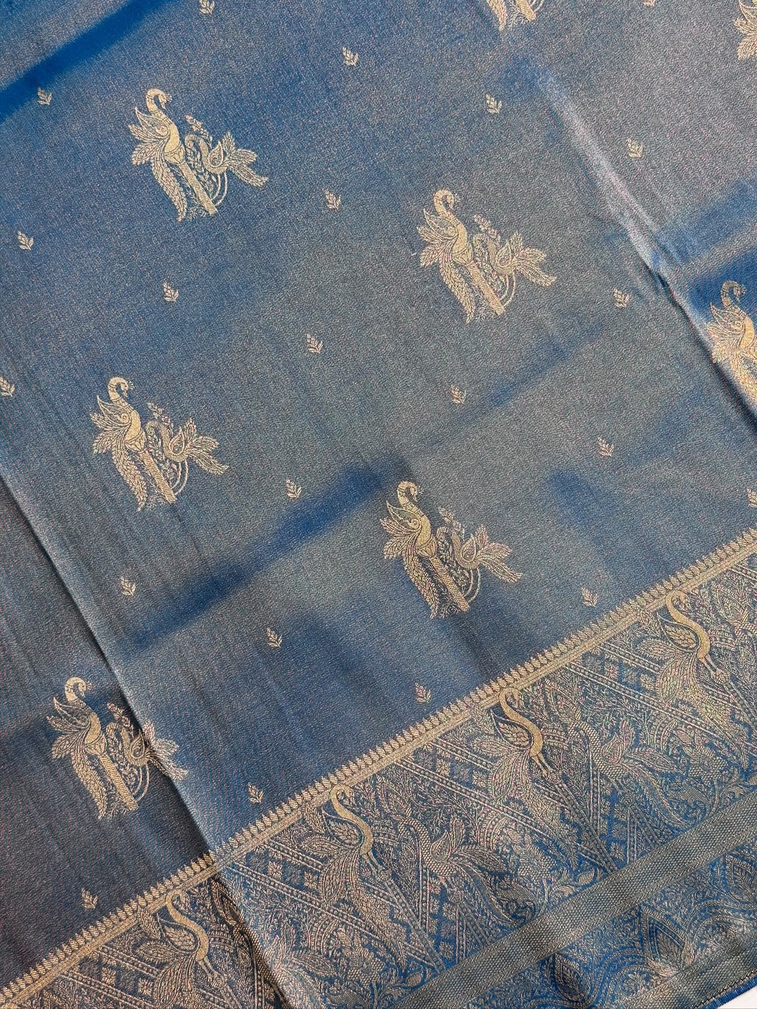 UTSAV BANARAS 441: Royal Peacock Blue Mashru Silk Saree with Antique Gold Zari Woven Border