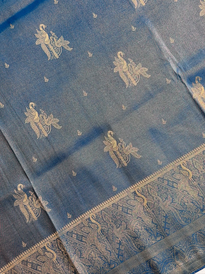 UTSAV BANARAS 441: Royal Peacock Blue Mashru Silk Saree with Antique Gold Zari Woven Border