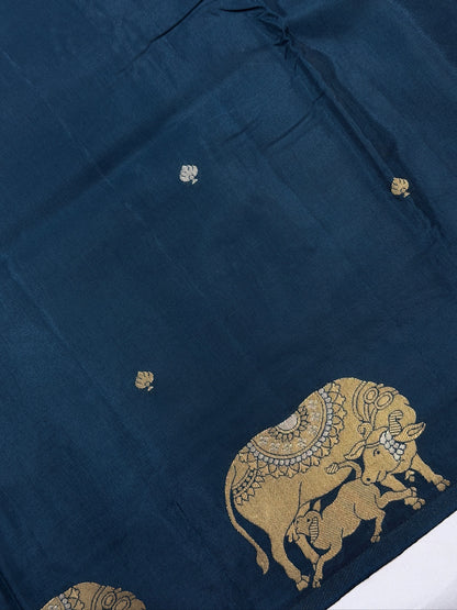 UTSAV BANARAS 431: Royal Steel Blue Mulberry Silk Saree with Gold Zari Elephant Motifs &amp; Banarasi Border