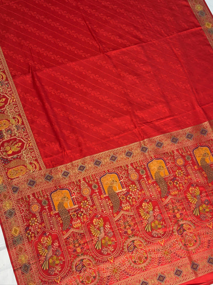 UTSAV BANARAS 417: Sunhara Red Satin Tanchoi Silk Saree with Meenakari Floral Peacock Border