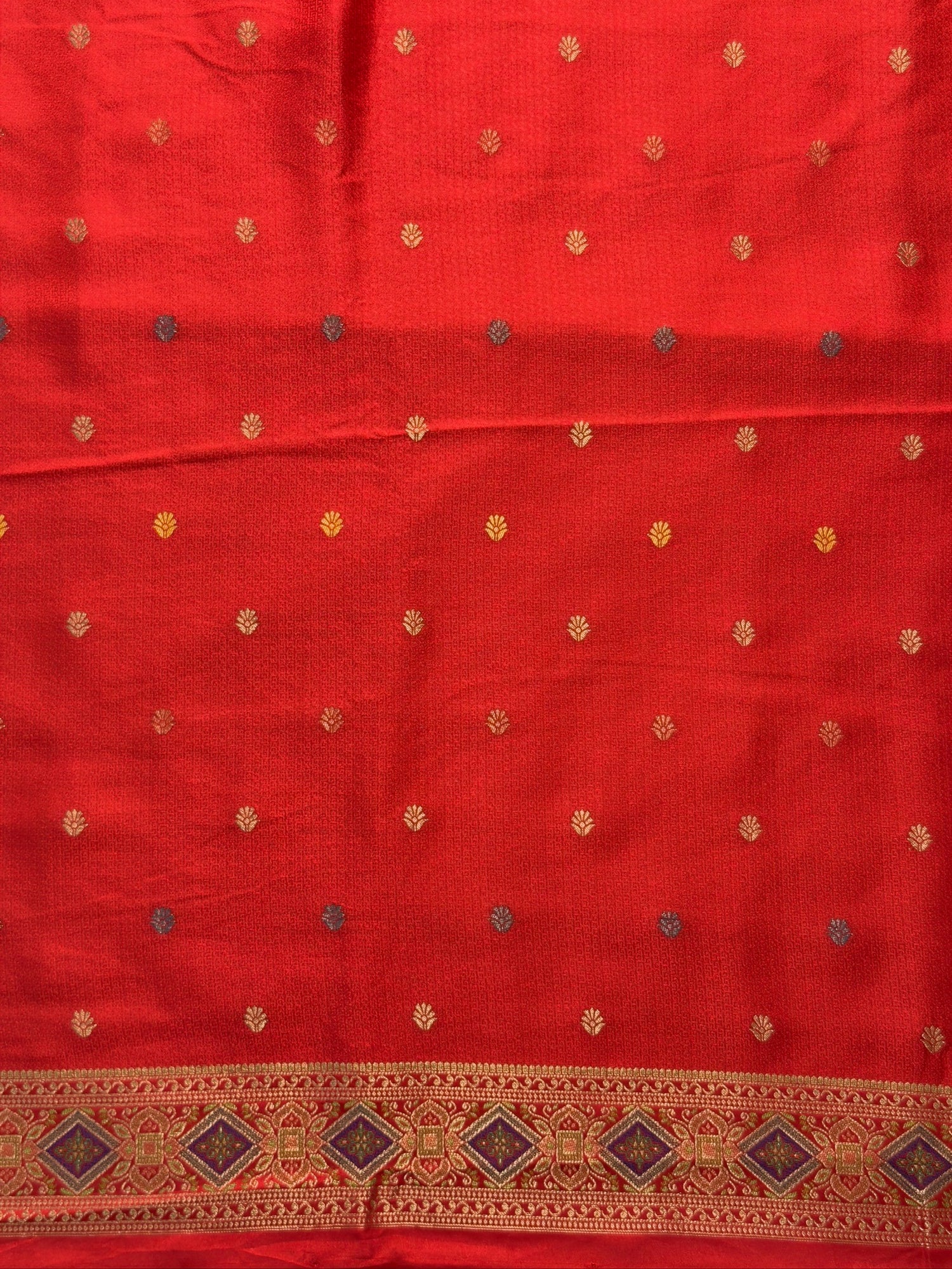 UTSAV BANARAS 417: Sunhara Red Satin Tanchoi Silk Saree with Meenakari Floral Peacock Border