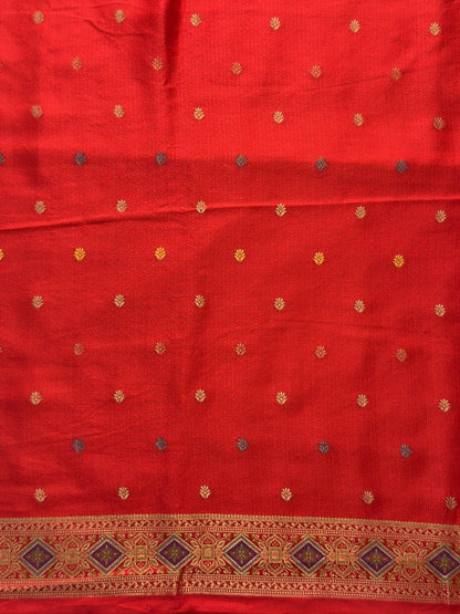 UTSAV BANARAS 417: Sunhara Red Satin Tanchoi Silk Saree with Meenakari Floral Peacock Border