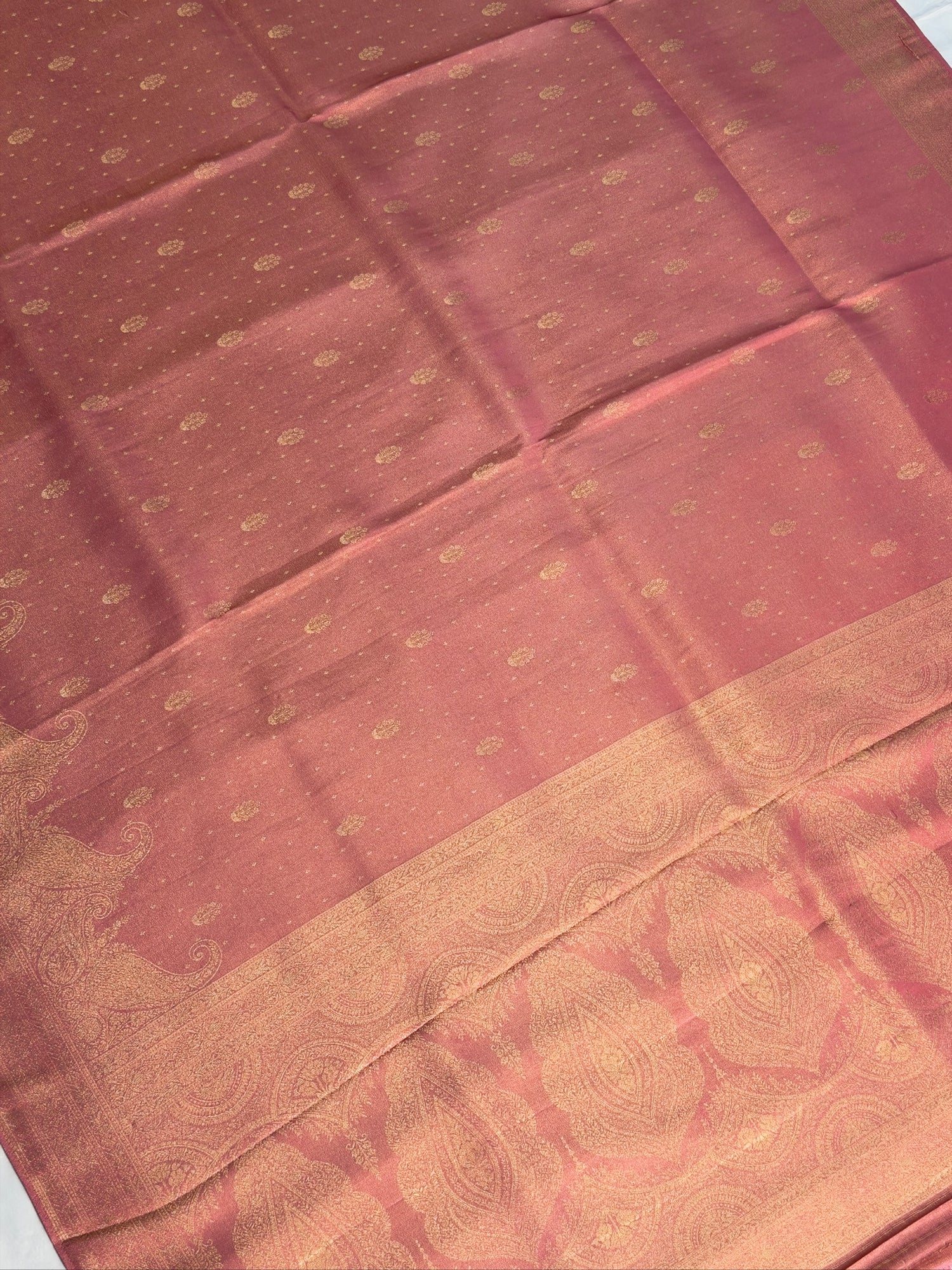 UTSAV BANARAS 439:  Elegant Rose Pink Soft Tissue Silk Saree with Gold Zari Paisley Border