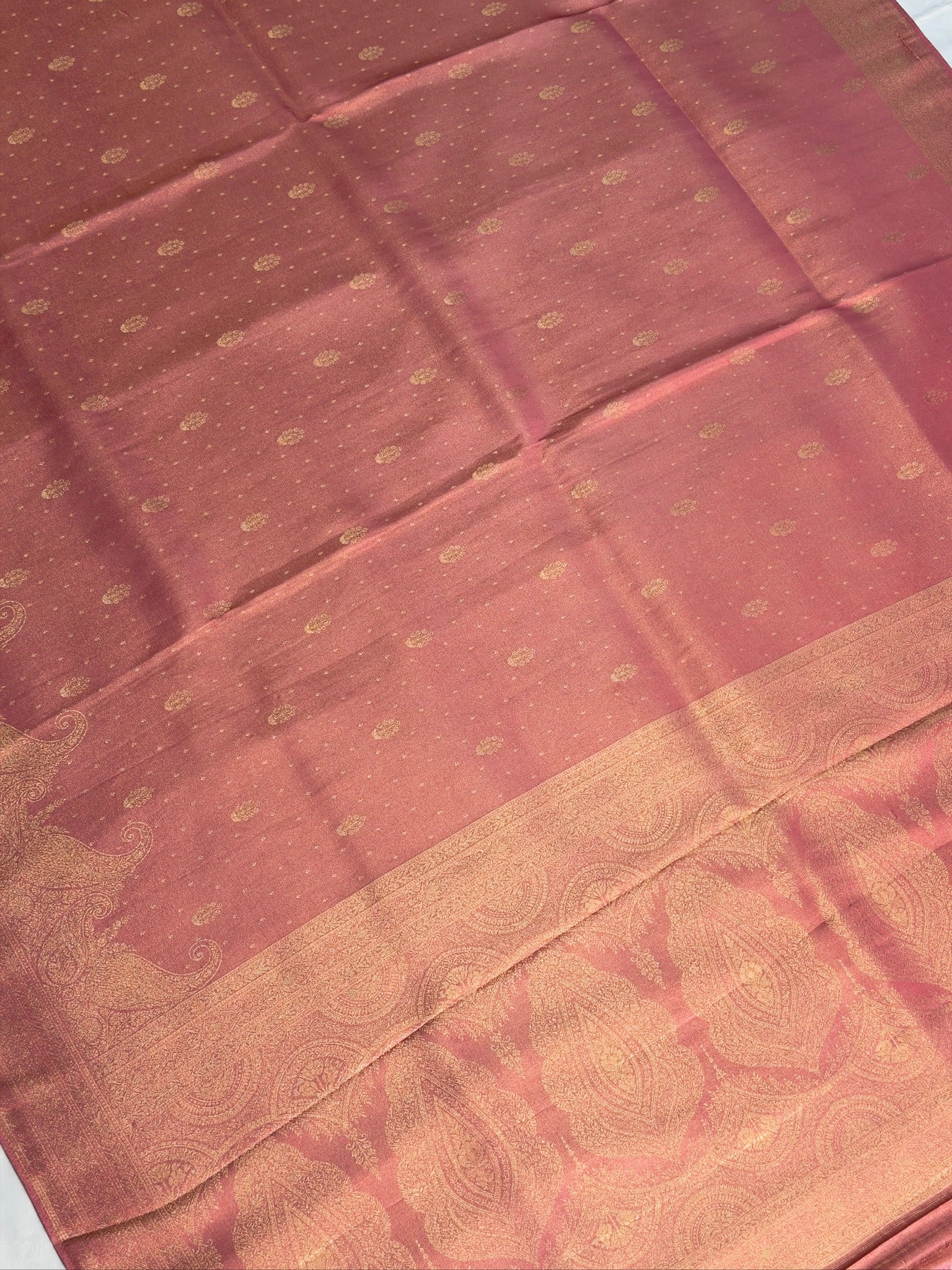 UTSAV BANARAS 439:  Elegant Rose Pink Soft Tissue Silk Saree with Gold Zari Paisley Border