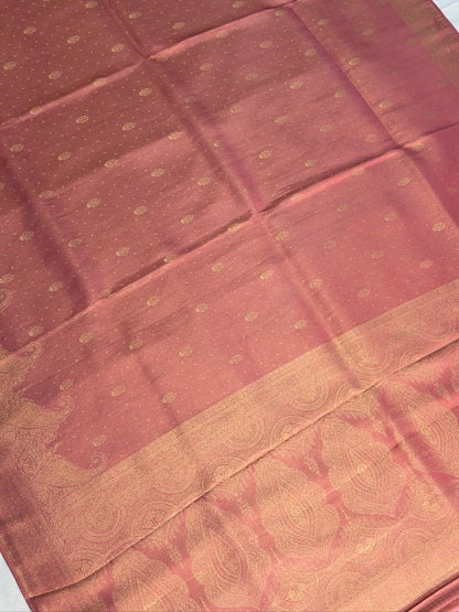 UTSAV BANARAS 439:  Elegant Rose Pink Soft Tissue Silk Saree with Gold Zari Paisley Border